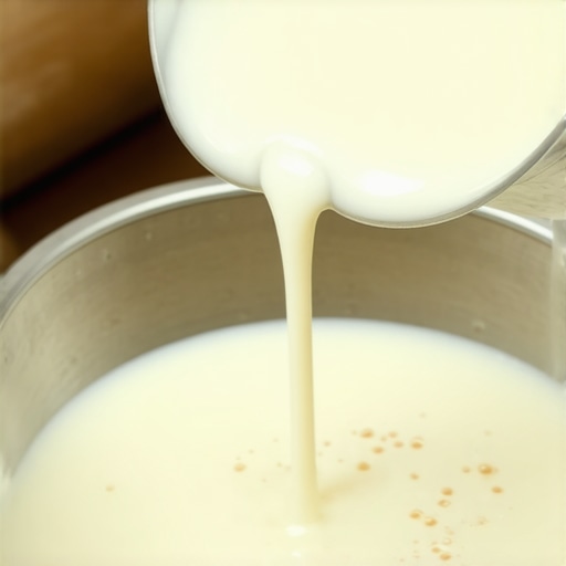 Milk being heated to precise temperature with a thermometer in a rustic kitchen