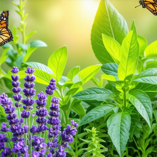 Garden with lavender and mint plants used as natural insect repellents.
