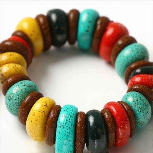Colorful recycled bracelet made from various materials with natural accents