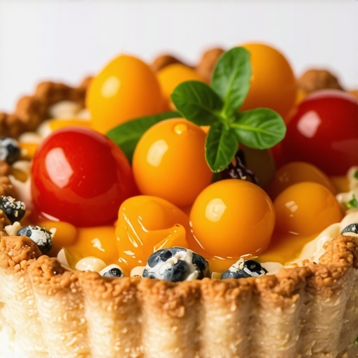 Close-up image of a savory layered tart showcasing varied textures and vibrant ingredients.