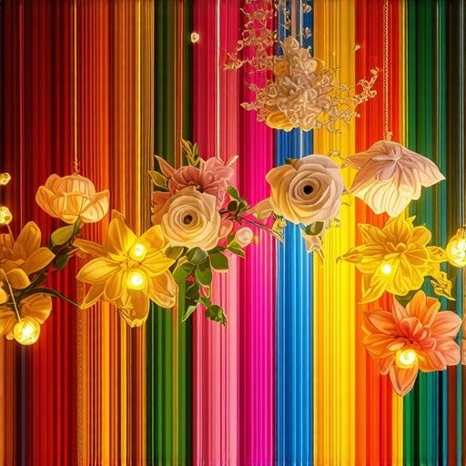 Colorful decorations including flowers, lights, and handcrafted ornaments for seasonal event setup.