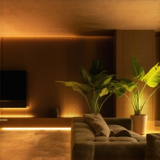 Interior of a modern smart home featuring ambient lighting and natural decor elements
