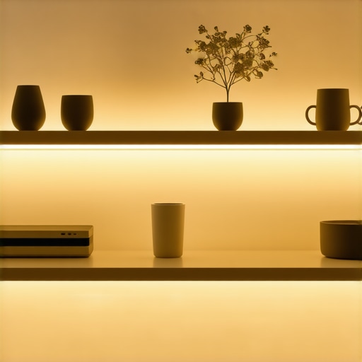 Modern smart shelves with LED lighting and wireless charging in stylish home interior
