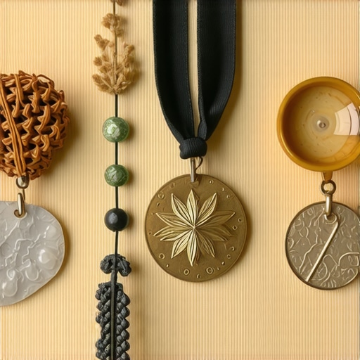 Close-up of handcrafted medals and natural symbols representing success and growth