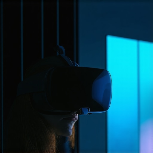 Person wearing VR headset experiencing virtual conference environment