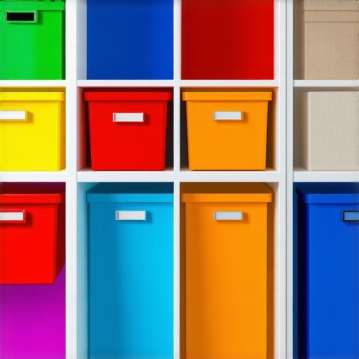 Color-coded storage boxes and labels in a modern home environment.
