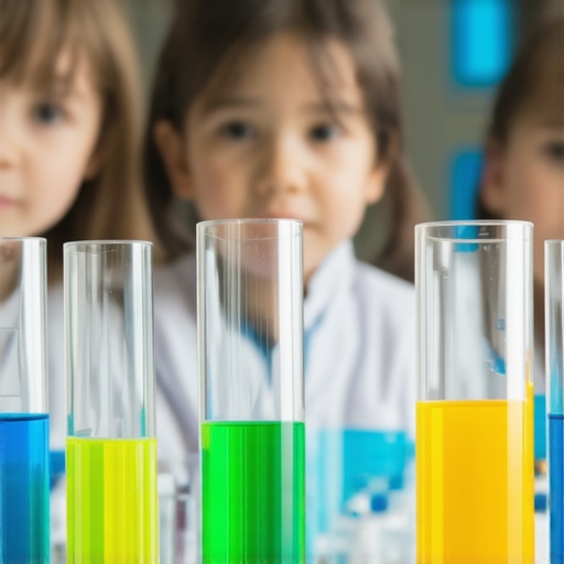 Advanced Home Science Experiments for Kids Children conducting complex science experiments at home with scientific tools and colorful setup