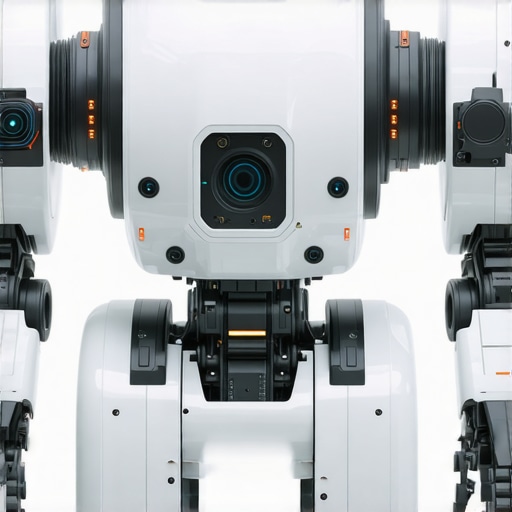 Futuristic robot equipped with sensors and AI interface navigating complex environment