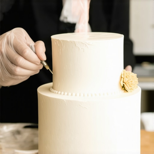 Cake decorator using airbrush on wedding cake to achieve detailed, modern design