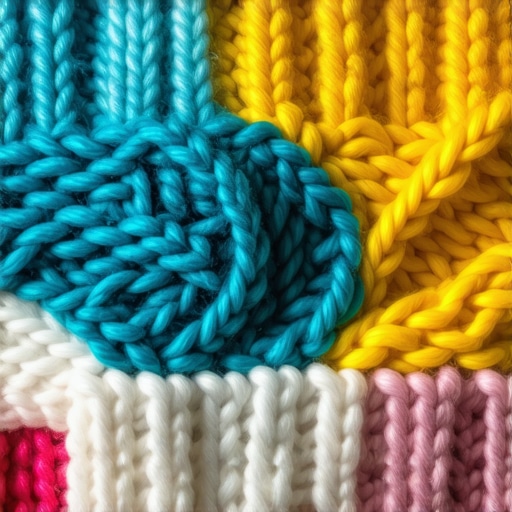Close-up of complex knitting with multiple textures and colors