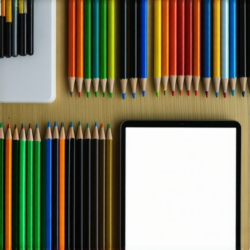 Creative artist's workspace with tools for drawing and digital art.