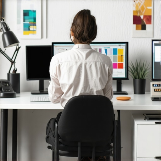 A designer working on digital graphics with professional software in a modern office environment