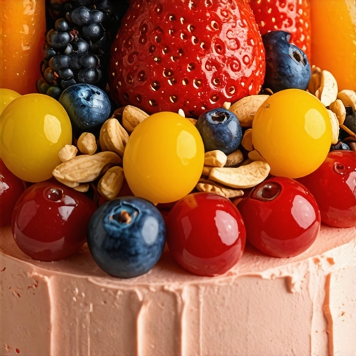 Vegan cake decorated with nuts and fresh fruits, professional presentation
