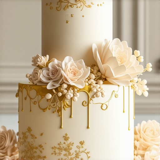 Expert-designed wedding cake with gold accents and floral motifs