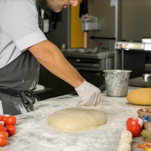 Professional baker preparing proja dough with ingredients and baking utensils in a modern kitchen.