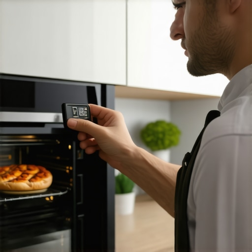 Baker using digital thermometer to check oven temperature in a modern kitchen