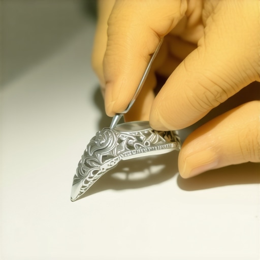 Jewelry artist working on a detailed silver ring using high-tech tools in a professional studio