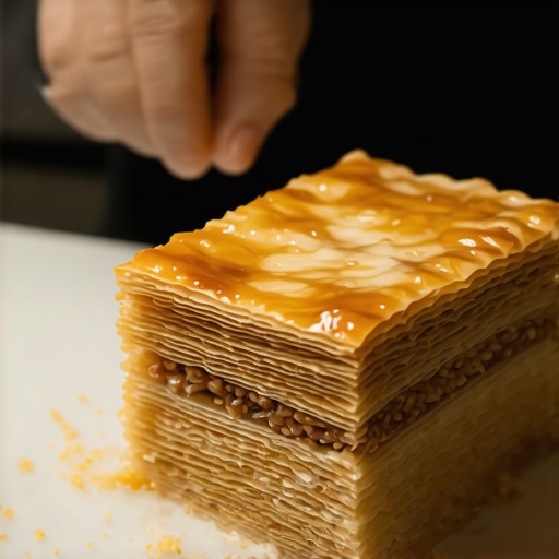 Professional chef making layered baklava with golden crust in a modern kitchen