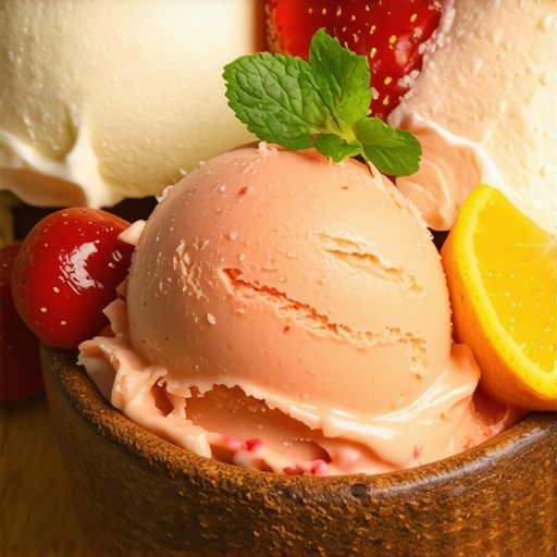 Close-up of natural homemade ice cream with fruits and herbs in a rustic bowl