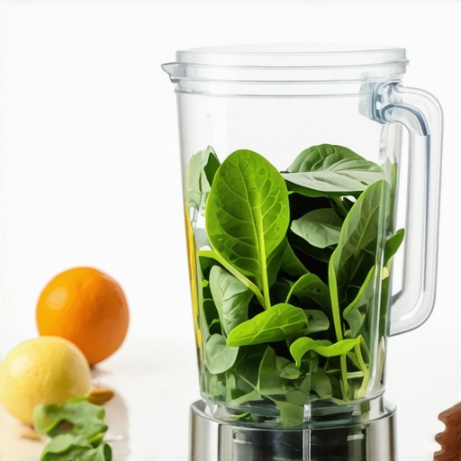 Image showing fresh spinach leaves, citrus fruits, and a blender for making healthy juice