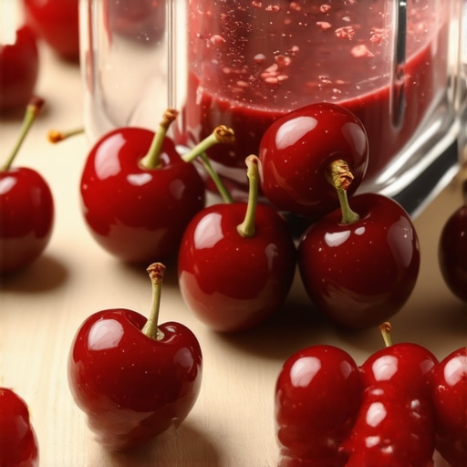 Close-up of fresh cherries and a blender for making juice