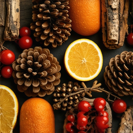 Handmade natural Christmas decorations with pinecones and dried fruits Close-up of handmade natural Christmas decorations with pinecones, dried fruits, and fairy lights
