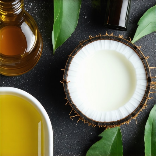 Arrangement of coconut oil, honey, and essential oils for DIY foot lotion