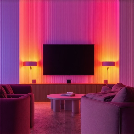 Modern interior with RGB LED lighting, artistic wall decor, and sophisticated furniture