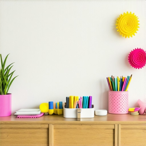 Workspace with art supplies and colorful DIY decorations