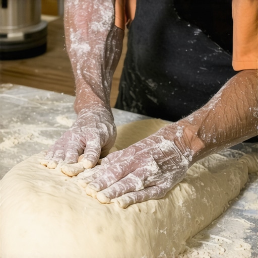 Person kneading pasta dough in rustic kitchen