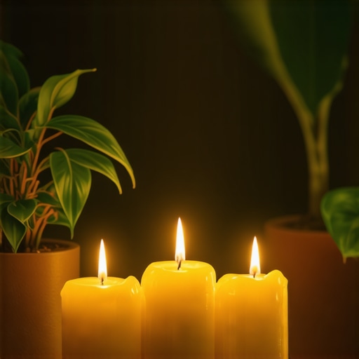 Meditation corner with candles and plants Cozy meditation space with candles and greenery