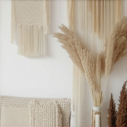 Elegant modern interior with crochet accents, light tones, vintage style, natural materials.