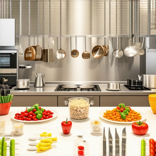 Contemporary kitchen with advanced cooking gadgets and colorful gourmet dishes