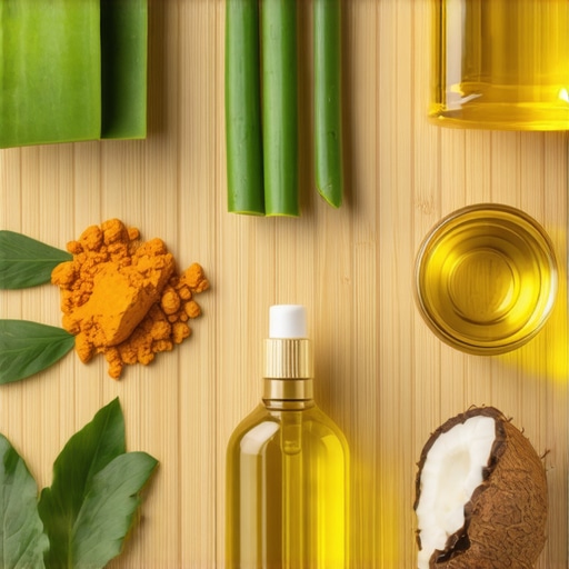Aloe vera, turmeric, and coconut oil on wooden surface