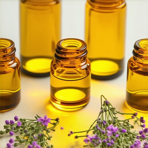 Bottles of essential oils and herbs used for homemade insect repellent, macro shot
