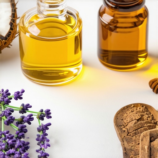 Close-up image of lavender, coconut oil, honey, and tea tree oil on a skincare table