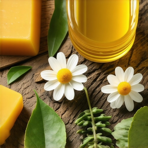 Close-up of beeswax, coconut oil, chamomile flowers, and tea tree leaves for homemade balm.