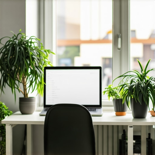 Ergonomically arranged home office with plants and natural light