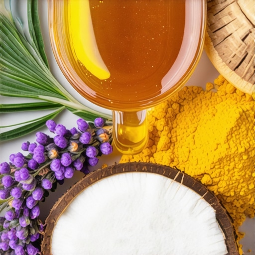 Prirodni sastojci za meleme Sastojci poput meda, lavande, kurkume i kokosovog ulja za pravljenje melema