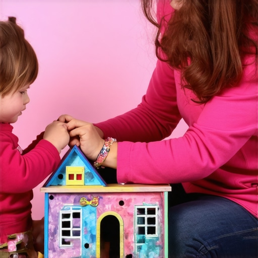 Child and parent creating a recycled dollhouse with colorful materials.