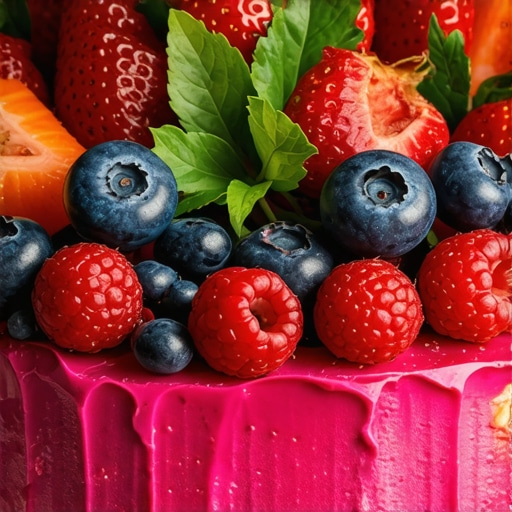 Close-up of decorated vegan cake with berries and herbs