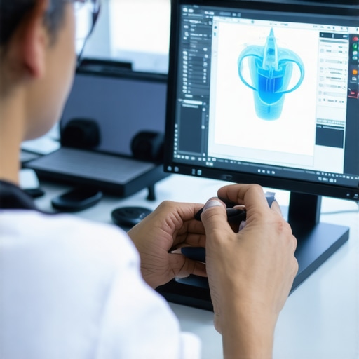 Jewelry designer using CAD software and 3D printer for creating intricate necklace components.