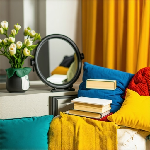 Creative Home Photography with Everyday Objects Home photography setup with mirrors, cushions, and books arranged for artistic photos.
