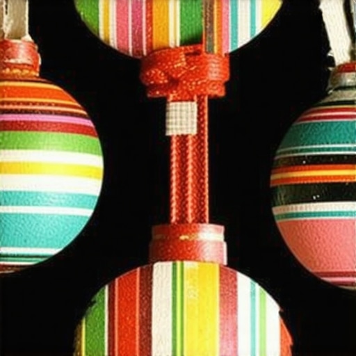 Colorful handmade holiday ornaments made from recycled materials for Christmas decoration
