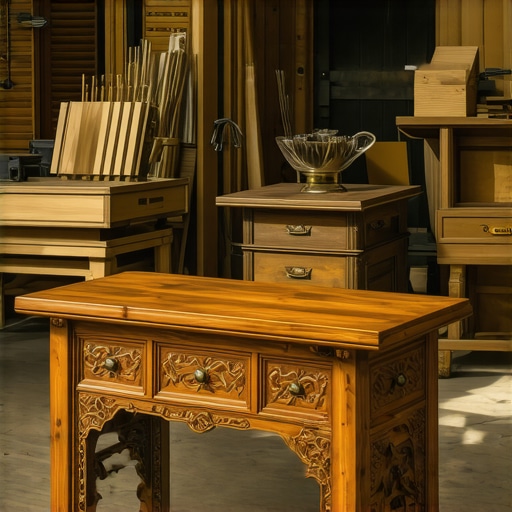 Unutrašnjost radionice sa majstorom koji radi rezbarenje na drvenom komadu