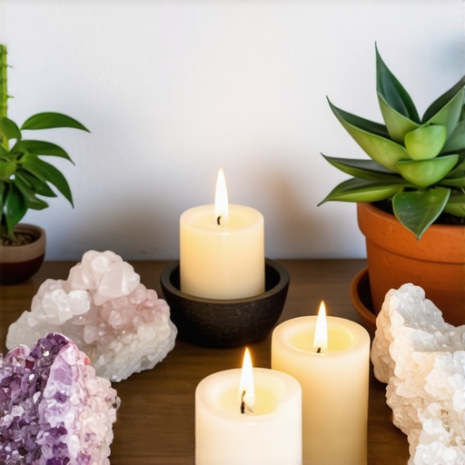 Duhovni kutak u domu sa meditacionim jastucima, svećama i biljkama