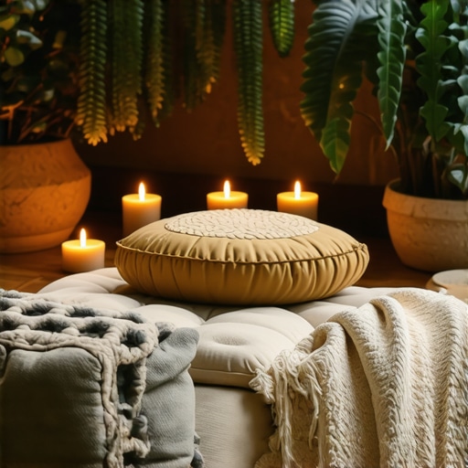 Duhovni kutak u domu sa meditacionim jastucima, svećama i biljkama