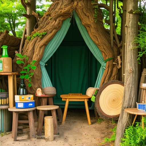 Eco-friendly camping decor with natural and recycled materials Creative use of natural and recycled materials in camping setting for sustainable decor