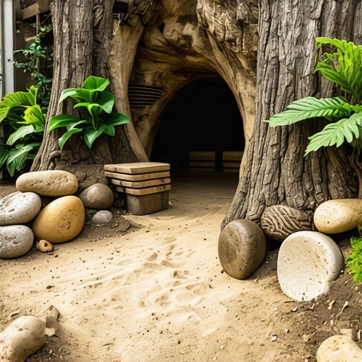 Eco-friendly natural campsite decor Campsite decorated with natural stones, leaves, and recycled materials for an eco-friendly experience