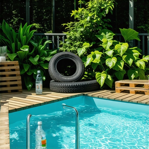 Recycled materials like tires, pallets, and plastic bottles used in eco-friendly backyard pool